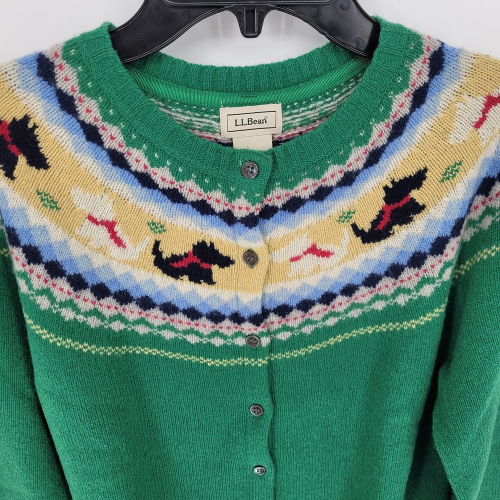 L.L. Bean Scottie Dog Fair Isle Cardigan Women XS Green lambs Wool Sweater vtg - Picture 2 of 7